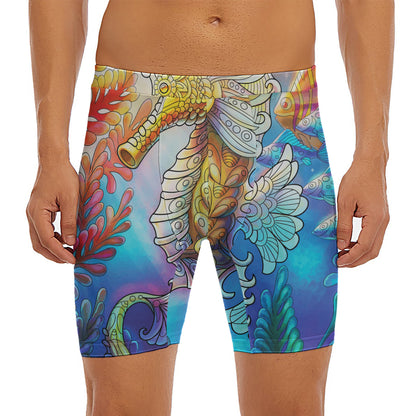 Colorful Seahorse Print Men's Long Boxer Briefs