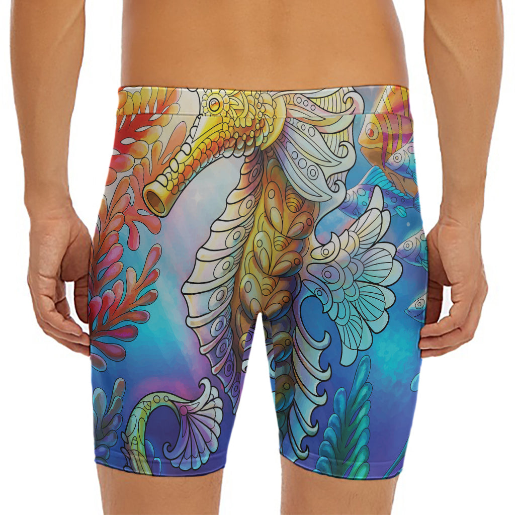 Colorful Seahorse Print Men's Long Boxer Briefs
