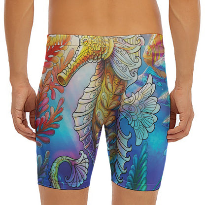 Colorful Seahorse Print Men's Long Boxer Briefs