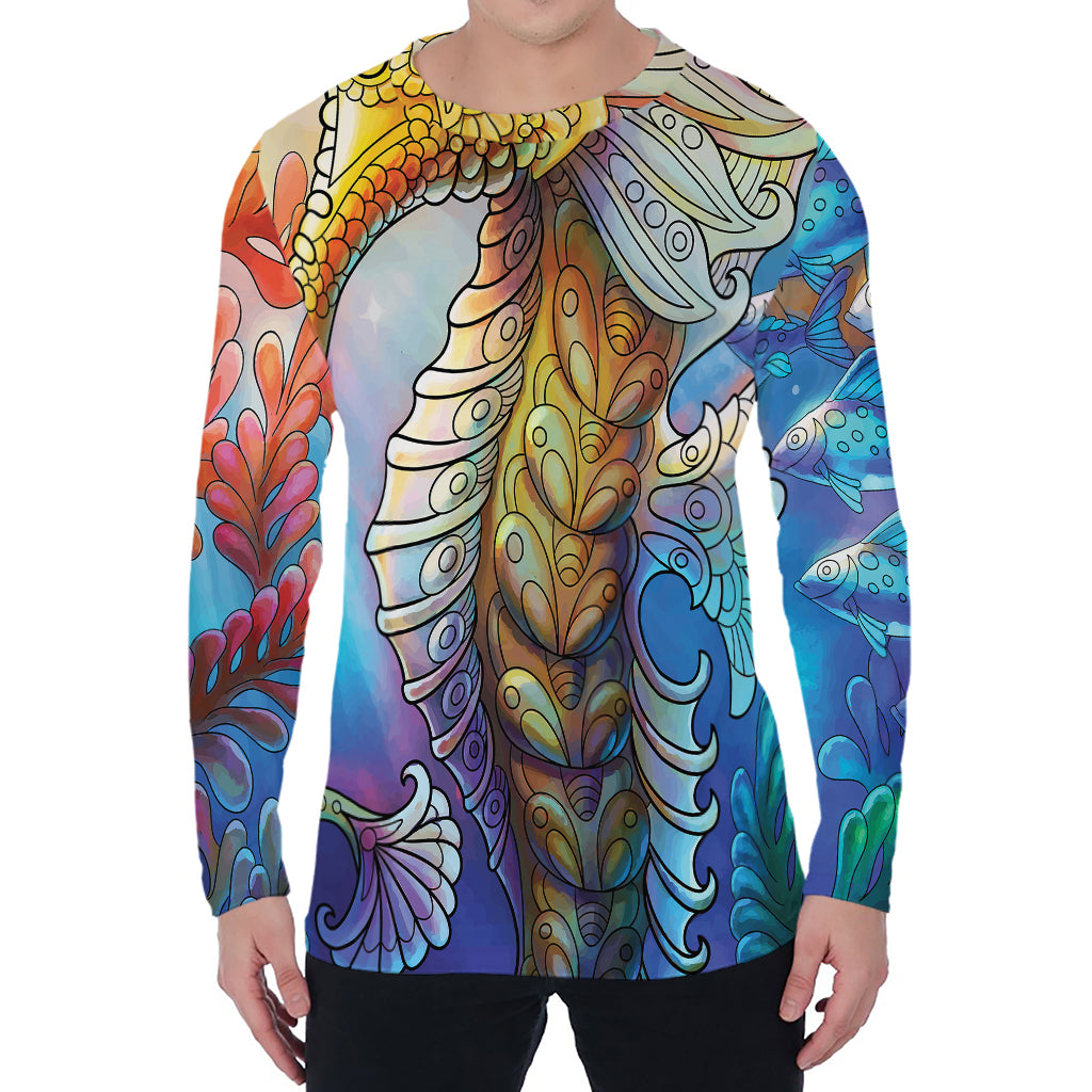 Colorful Seahorse Print Men's Long Sleeve T-Shirt
