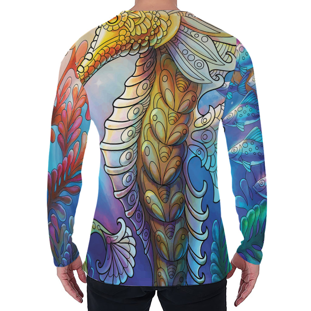 Colorful Seahorse Print Men's Long Sleeve T-Shirt