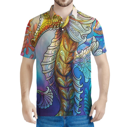 Colorful Seahorse Print Men's Polo Shirt