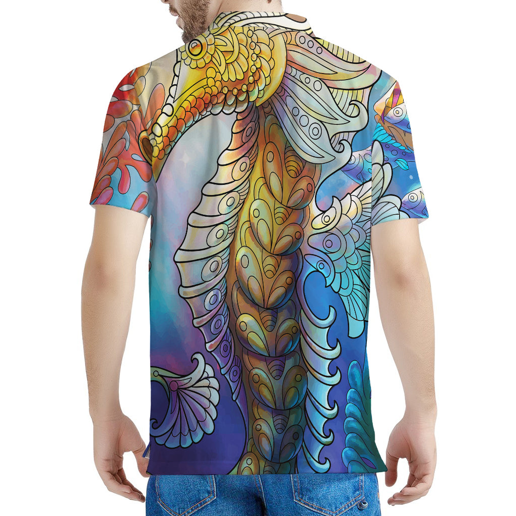 Colorful Seahorse Print Men's Polo Shirt