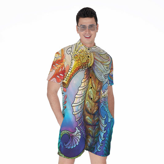 Colorful Seahorse Print Men's Rompers