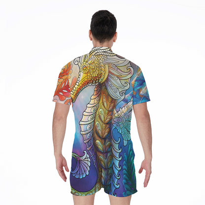 Colorful Seahorse Print Men's Rompers