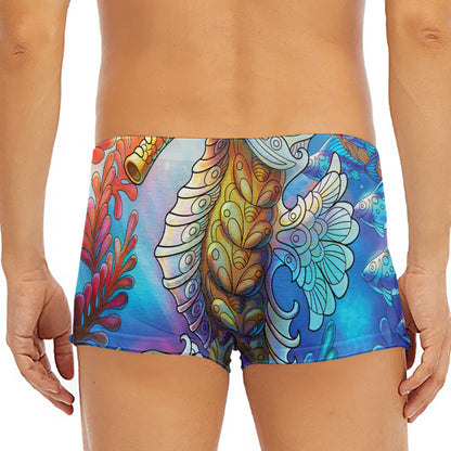 Colorful Seahorse Print Men's Short Boxer Briefs