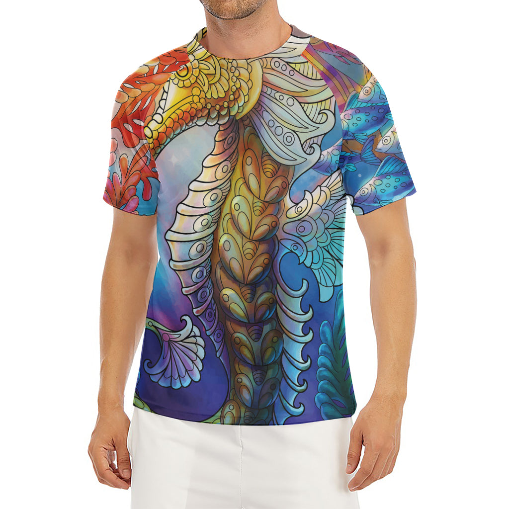 Colorful Seahorse Print Men's Short Sleeve Rash Guard
