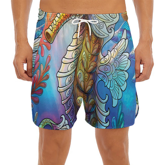 Colorful Seahorse Print Men's Split Running Shorts