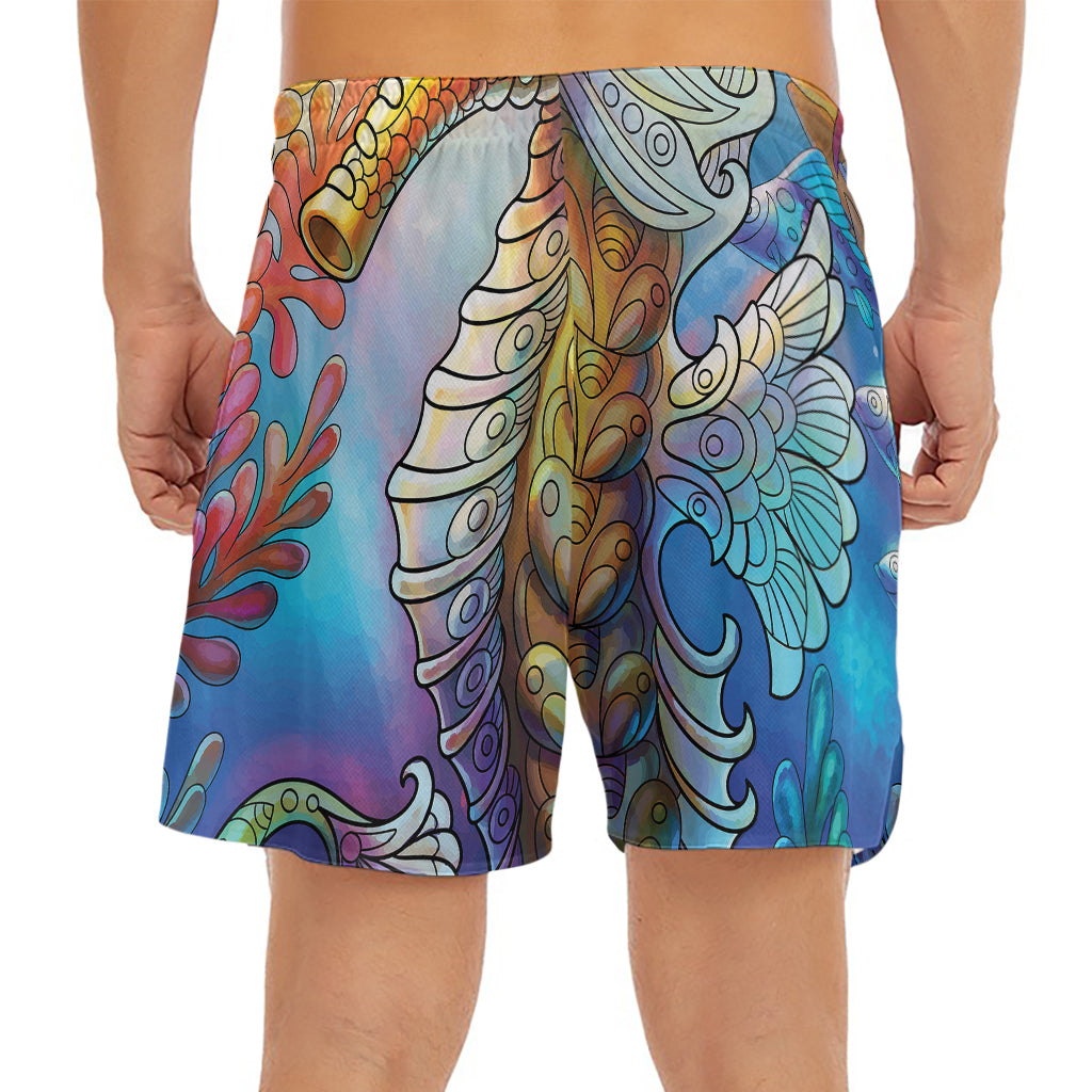 Colorful Seahorse Print Men's Split Running Shorts