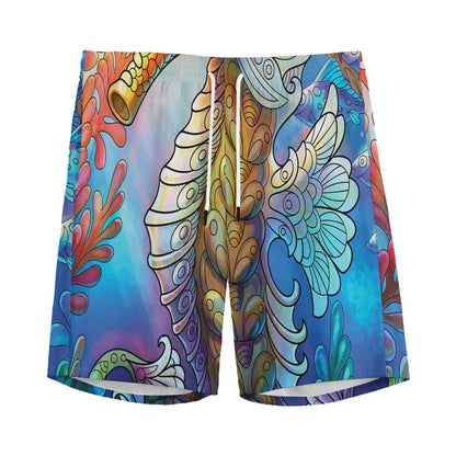 Colorful Seahorse Print Men's Sports Shorts