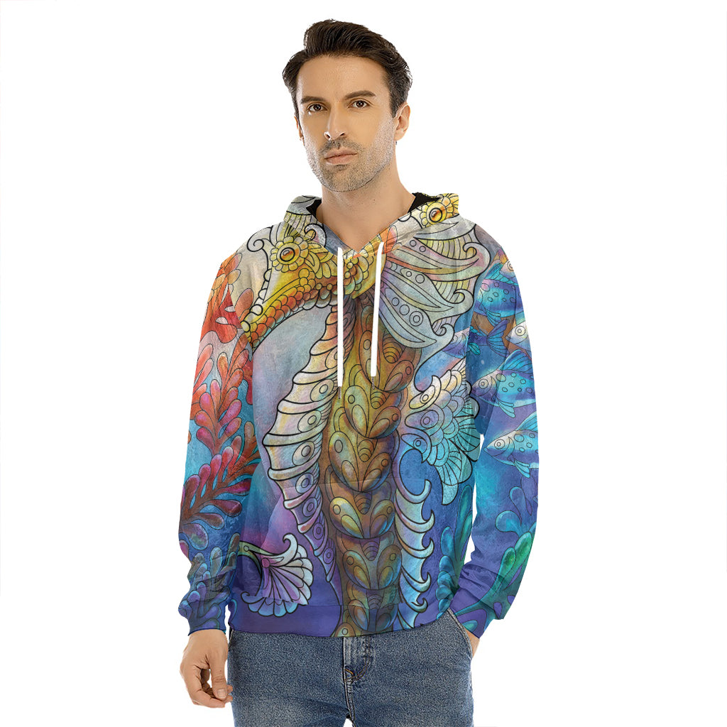 Colorful Seahorse Print Men's Velvet Pullover Hoodie