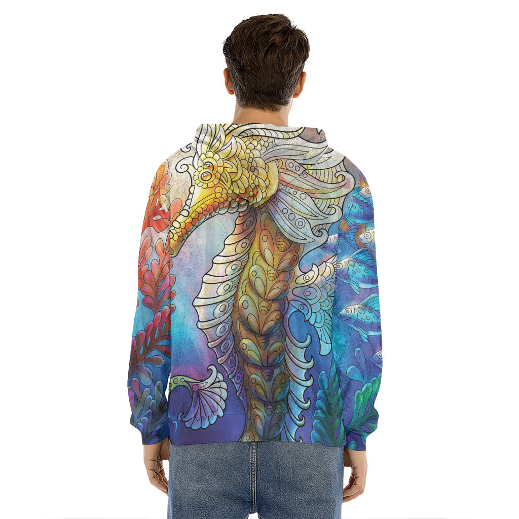Colorful Seahorse Print Men's Velvet Pullover Hoodie