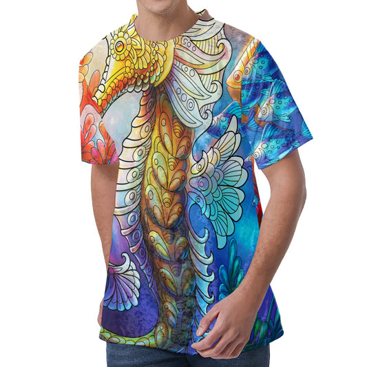 Colorful Seahorse Print Men's Velvet T-Shirt