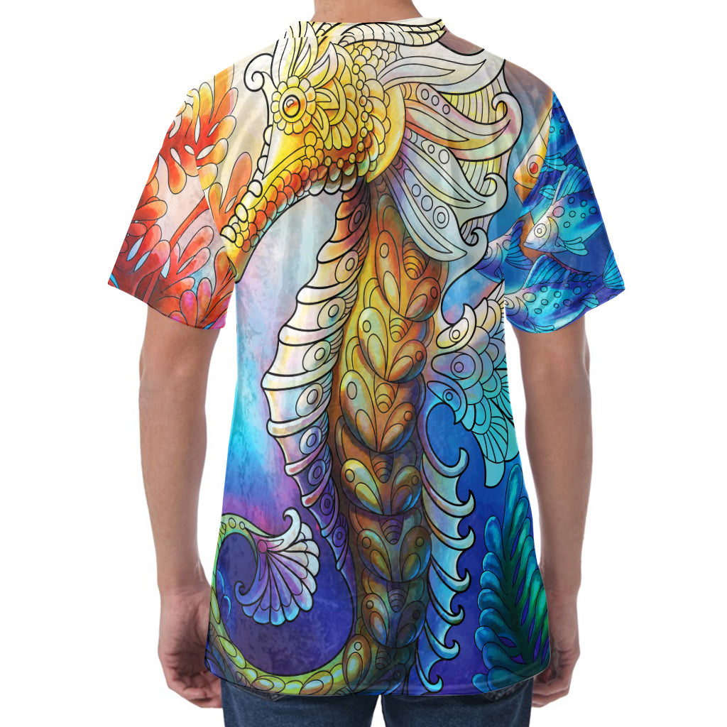Colorful Seahorse Print Men's Velvet T-Shirt