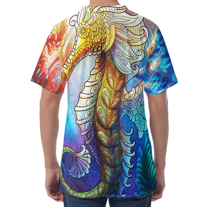 Colorful Seahorse Print Men's Velvet T-Shirt