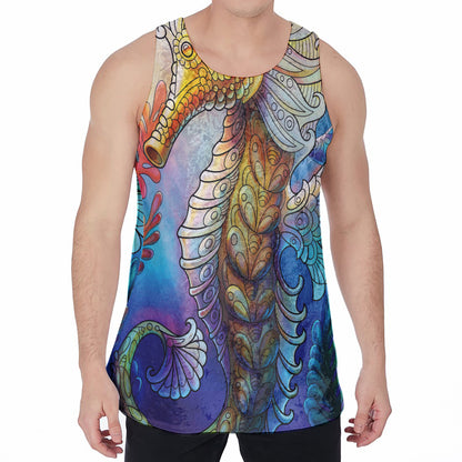 Colorful Seahorse Print Men's Velvet Tank Top