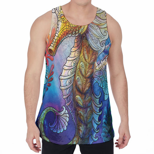 Colorful Seahorse Print Men's Velvet Tank Top