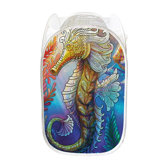 Colorful Seahorse Print Mesh Laundry Hamper
