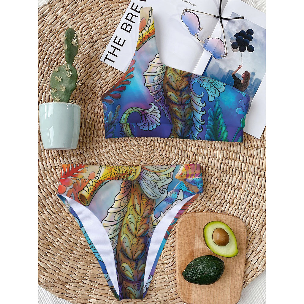 Colorful Seahorse Print One Shoulder Bikini Top