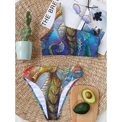 Colorful Seahorse Print One Shoulder Bikini Top