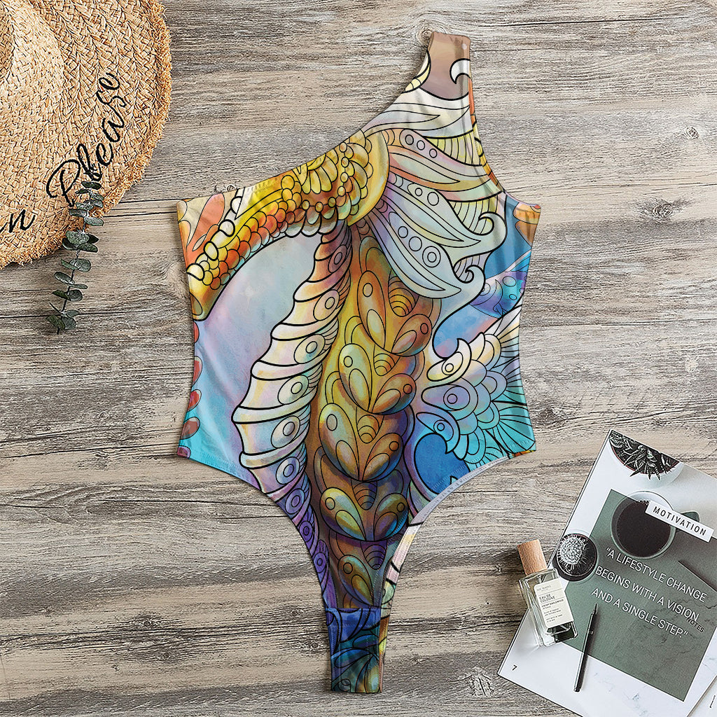Colorful Seahorse Print One Shoulder Bodysuit