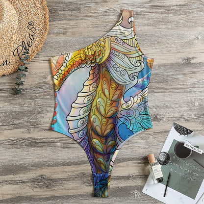 Colorful Seahorse Print One Shoulder Bodysuit