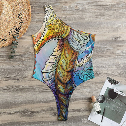 Colorful Seahorse Print One Shoulder Bodysuit
