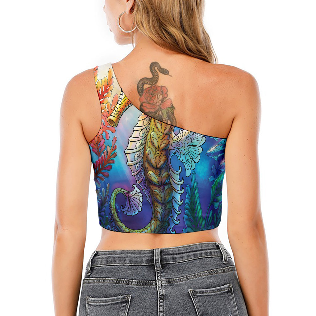 Colorful Seahorse Print One Shoulder Crop Top