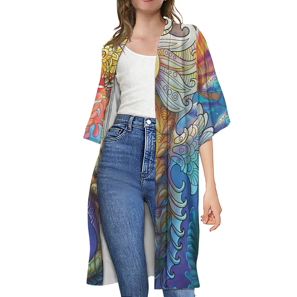 Colorful Seahorse Print Open Front Beach Cover Up