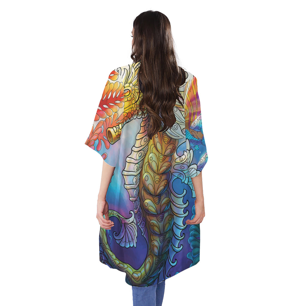Colorful Seahorse Print Open Front Beach Cover Up