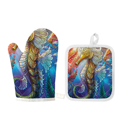 Colorful Seahorse Print Oven Mitt And Pot Holder Set