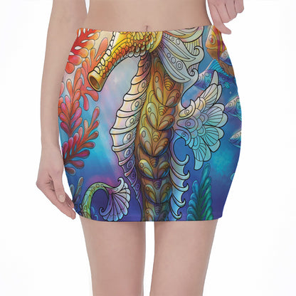 Colorful Seahorse Print Pencil Mini Skirt