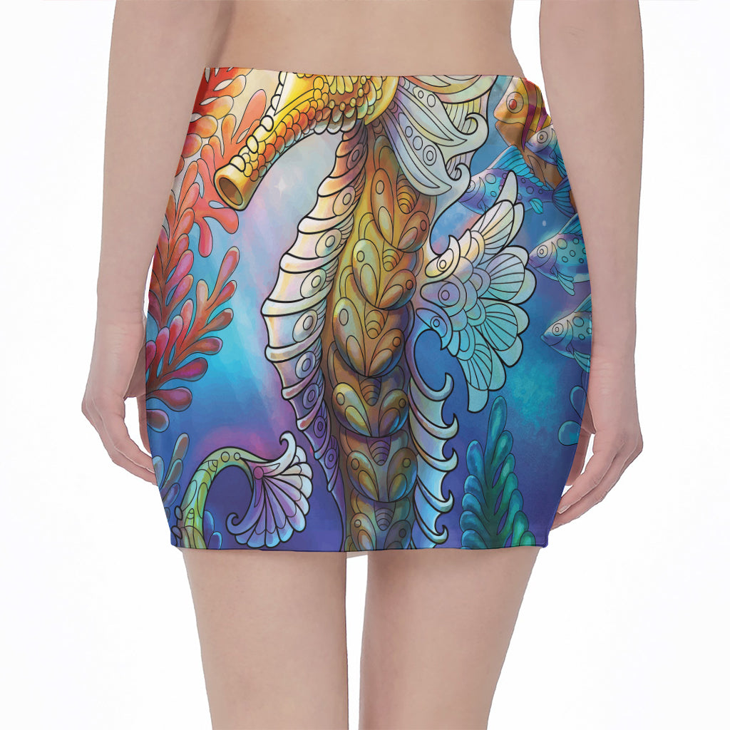 Colorful Seahorse Print Pencil Mini Skirt