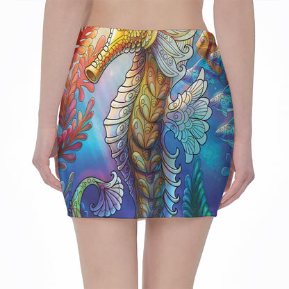 Colorful Seahorse Print Pencil Mini Skirt