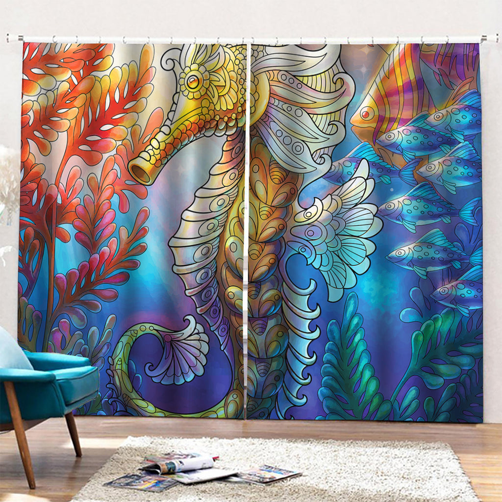 Colorful Seahorse Print Pencil Pleat Curtains