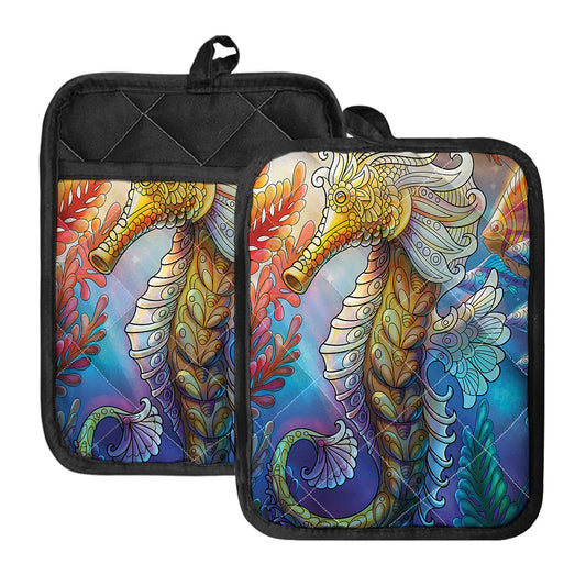 Colorful Seahorse Print Pot Holders With Pocket