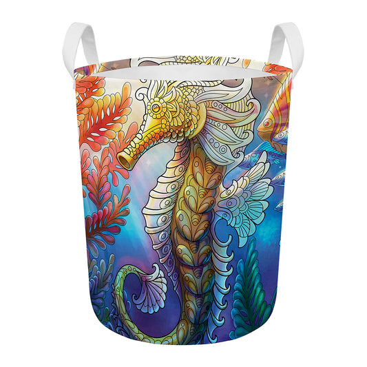 Colorful Seahorse Print Round Laundry Basket