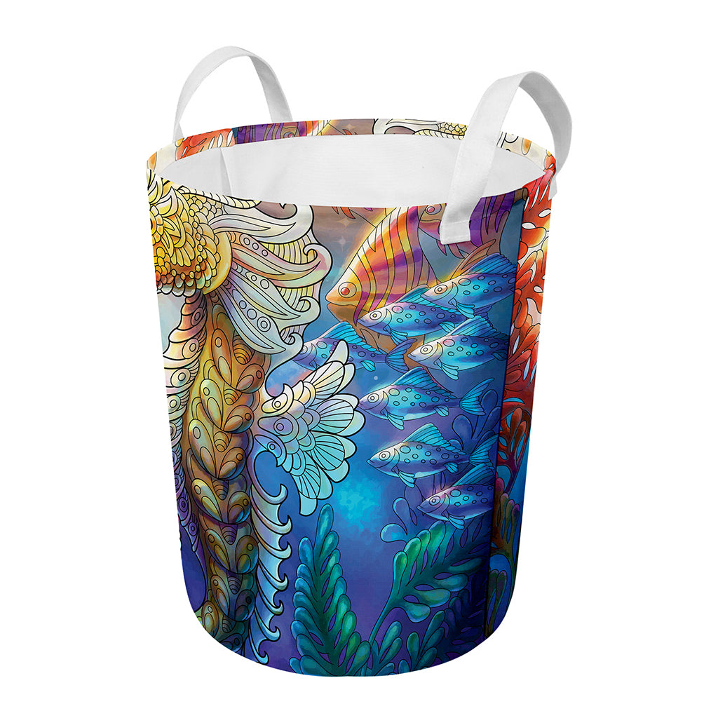 Colorful Seahorse Print Round Laundry Basket