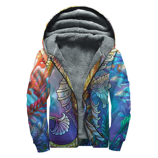 Colorful Seahorse Print Sherpa Lined Zip Up Hoodie