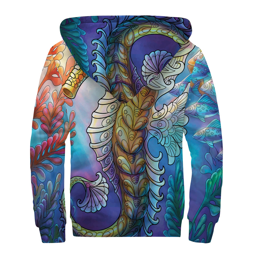 Colorful Seahorse Print Sherpa Lined Zip Up Hoodie