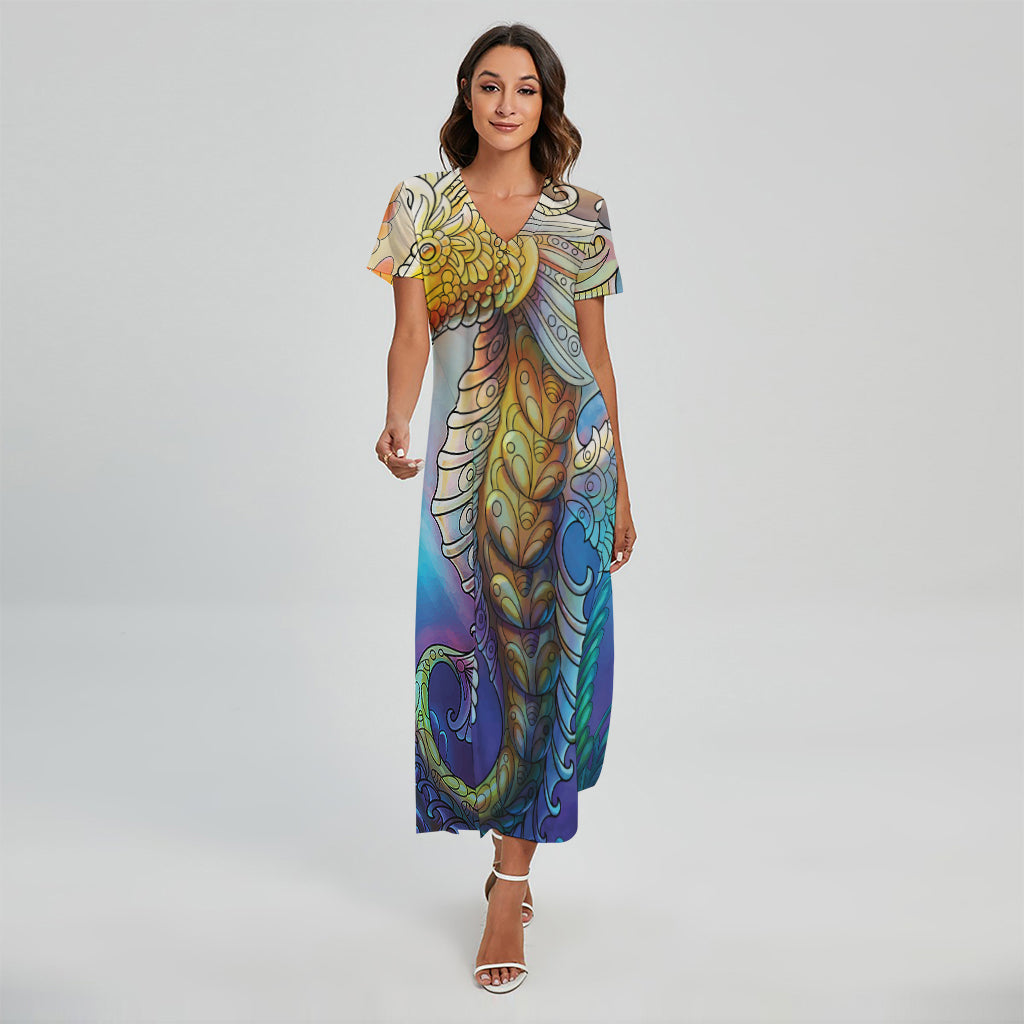 Colorful Seahorse Print Short Sleeve Maxi Dress