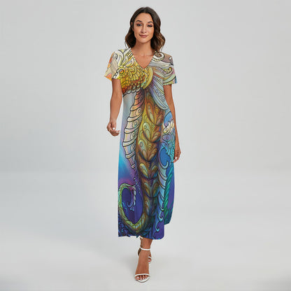 Colorful Seahorse Print Short Sleeve Maxi Dress