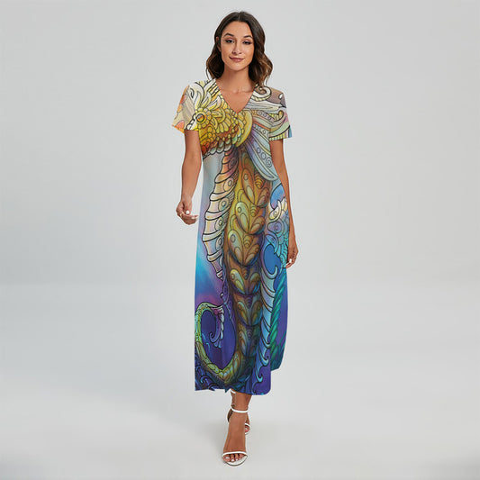 Colorful Seahorse Print Short Sleeve Maxi Dress