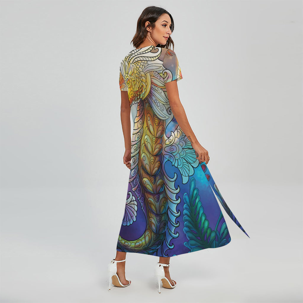 Colorful Seahorse Print Short Sleeve Maxi Dress