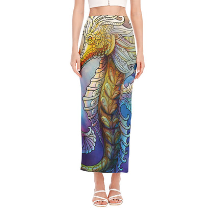 Colorful Seahorse Print Side Slit Maxi Skirt