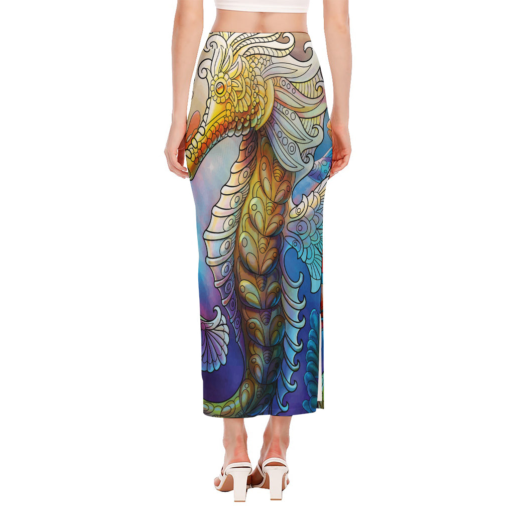 Colorful Seahorse Print Side Slit Maxi Skirt