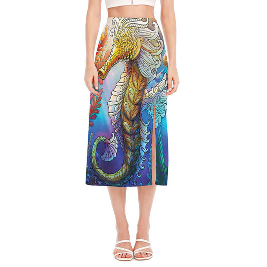 Colorful Seahorse Print Side Slit Midi Skirt