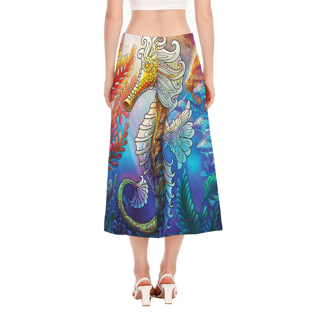 Colorful Seahorse Print Side Slit Midi Skirt