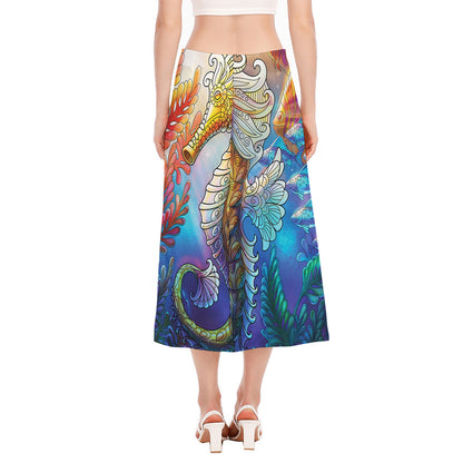 Colorful Seahorse Print Side Slit Midi Skirt