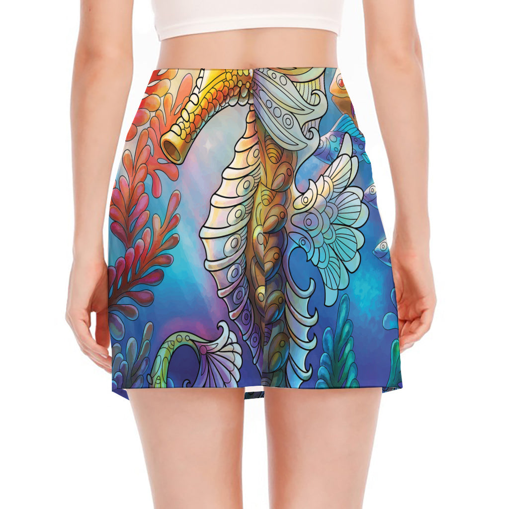 Colorful Seahorse Print Side Slit Mini Skirt